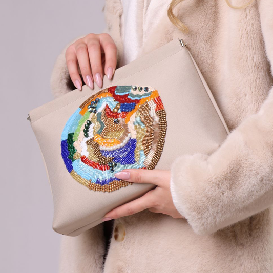 Beige Colorful Beaded Clutch