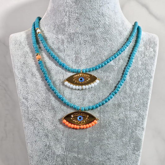 Blue Beaded Necklace with Gold Plated Eye Designs
