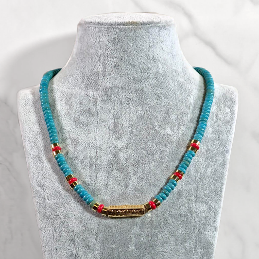 Blue Beaded Necklace with Red Beads and Gold Plated Design