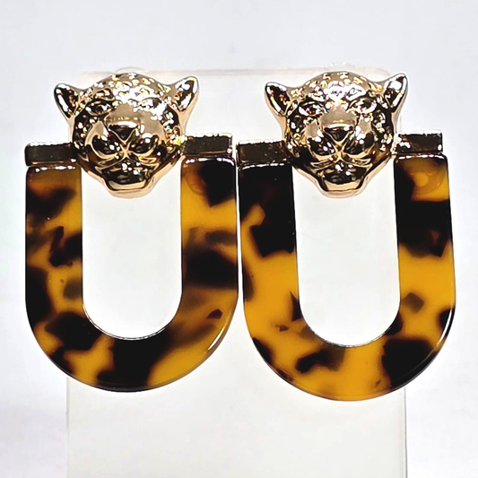 Drop Earrings with Tiger Faux Stone in Gold