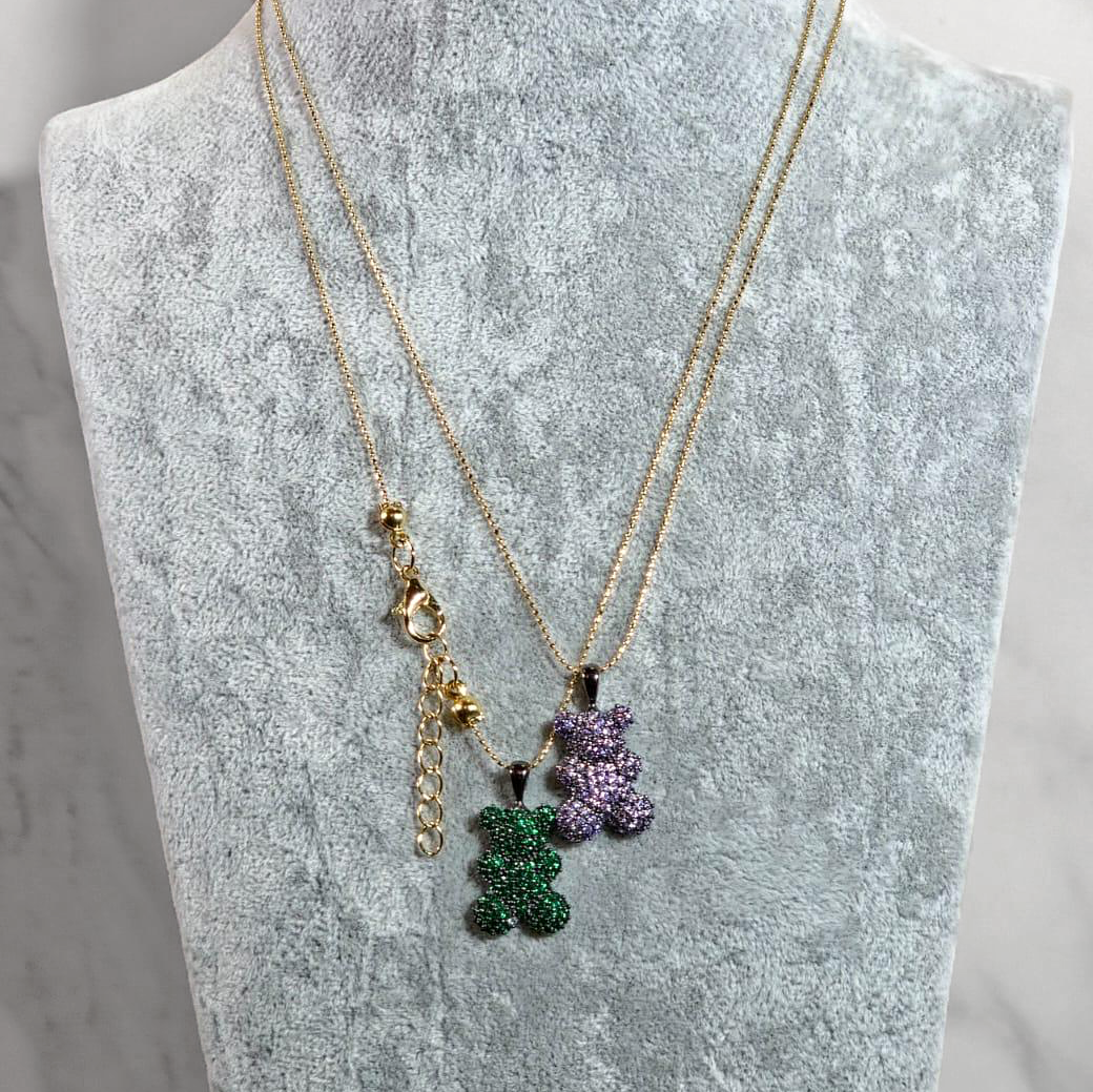 Gold Plated Necklace with Bear Design in Green and Purple