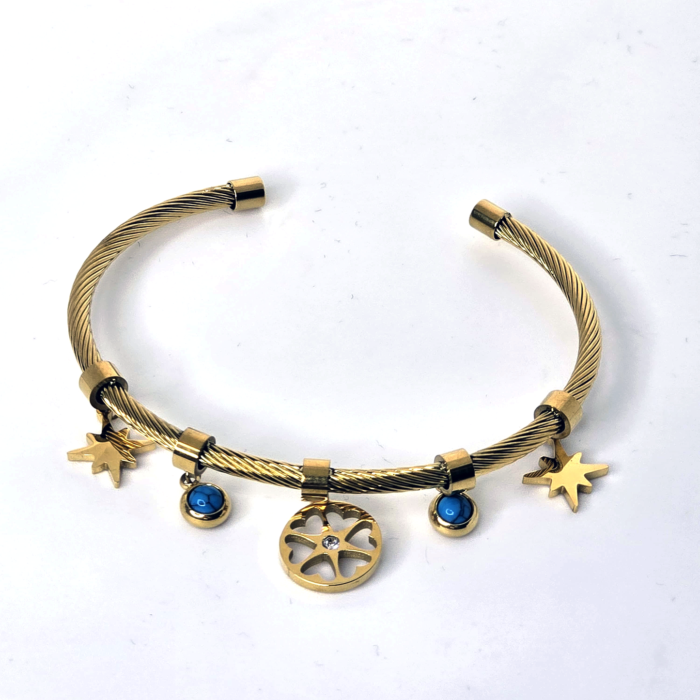 Gold Plated Cuff Bracelet with Blue Charms