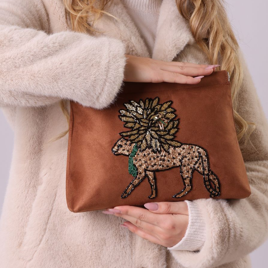 Lion Print Beaded Clutch