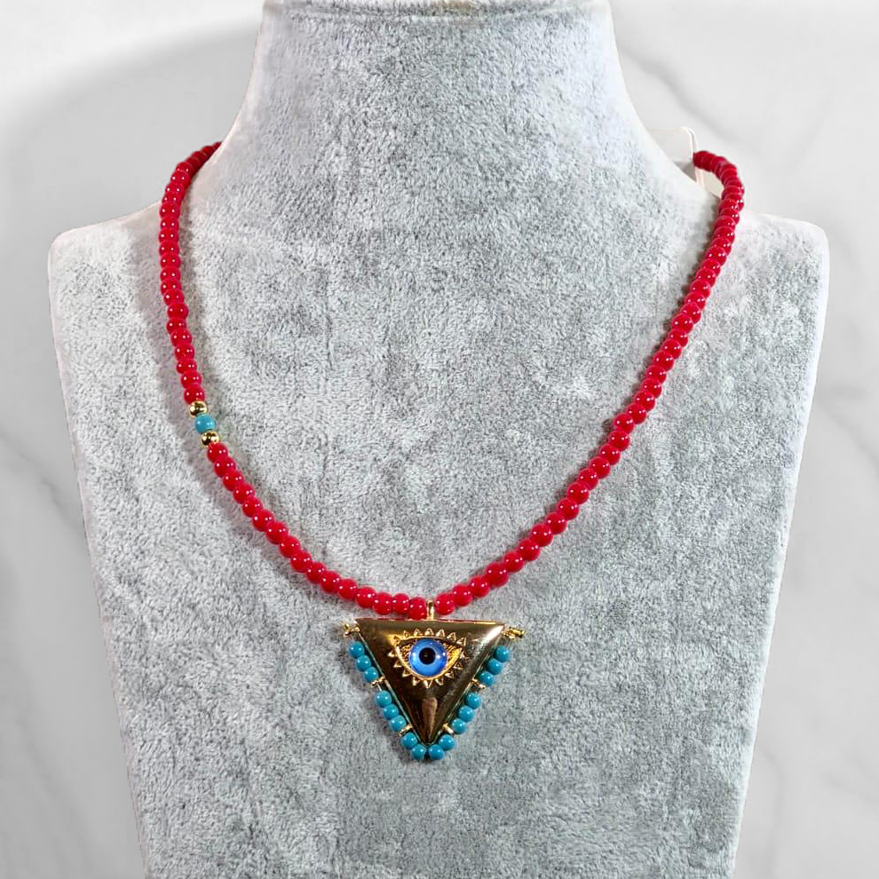 Red Beaded Necklace with Gold Plate Eye Design